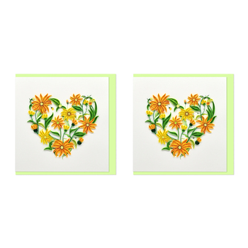 2PK Boyle Handmade Paper 15x15cm Quilled Greeting Card Heart Yellow Flowers