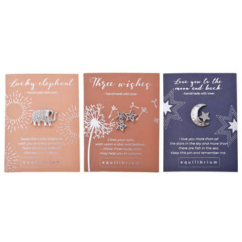 3pc Gibson Gifts Lucky Elephant/3-Wishes/Love You Moon & Back Pins Combo