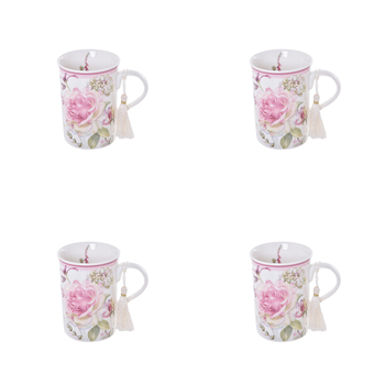 4PK Gibson Gifts Roses & Dandelion Tasseled Ceramic Coffee Mug w/ Box