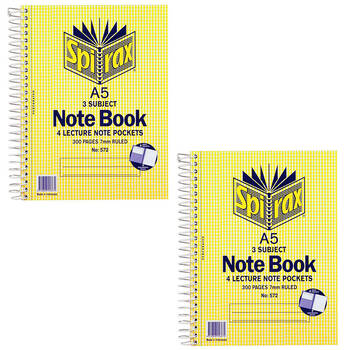 2PK Spirax A5 3 Subject 300 Pages 7mm Ruled Notebook