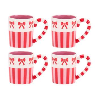 4PK Annabel Trends Ceramic Coffee Tea Drinking Mug 450ml Bow & Stripe Design