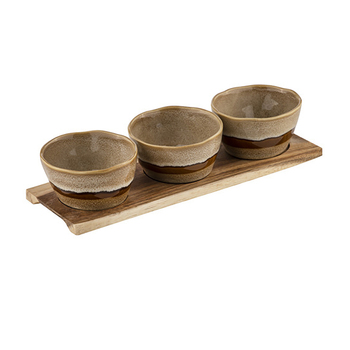 4pc Ladelle Haven Porcelain Bowl & Acacia Wood Tray Set - Caramel/Taupe