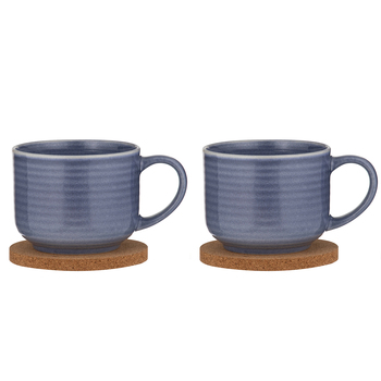 2x 2pc Ladelle Melange Cornflower Stoneware/Cork 500ml Mug & Coaster Set Blue