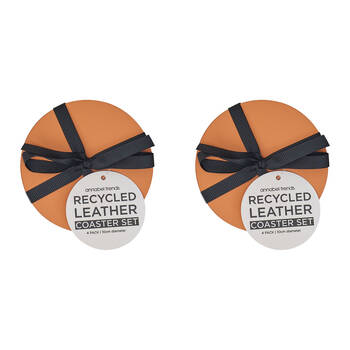 8pc Annabel Trends Coaster Set Round Recycled Leather 10x10cm - Terracotta
