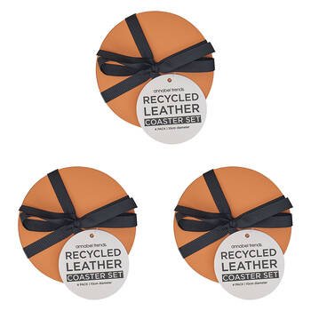 12pc Annabel Trends Coaster Set Round Recycled Leather 10x10cm - Terracotta