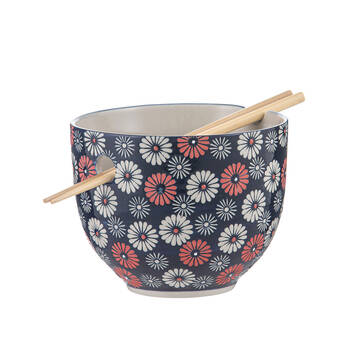 Ladelle Nara Flora Ceramic Noodle Bowl w/ Chopsticks Japanese Style Assorted