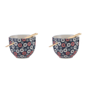 2PK Ladelle Nara Flora Ceramic Noodle Bowl w/ Chopsticks Japanese Style Assorted