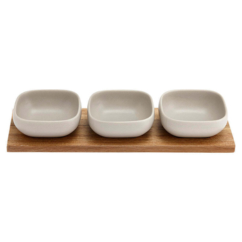 4pc Ladelle Essentials Porcelain Bowl & 32.5cm Acacia Tray Set - Stone