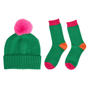 Annabel Trends Winter Beanie Hat & Socks Set w/ Pompom One Size Green