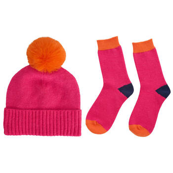 Annabel Trends Winter Beanie Hat & Socks Set w/ Pompom One Size Hot Pink