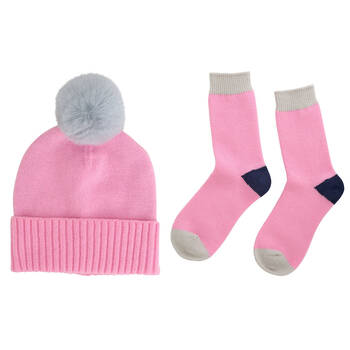 Annabel Trends Winter Beanie Hat & Socks Set w/ Pompom One Size Light Pink