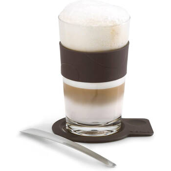 Blomus Desa Latte Macchiato Coffee Glass Cup w/ Spoon & Silicone Coaster White