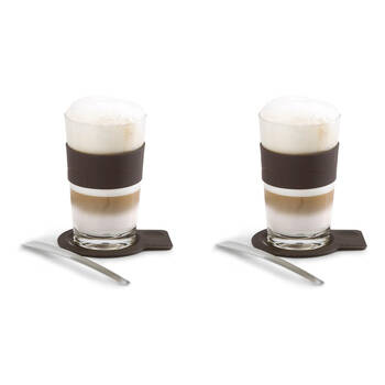2PK Blomus Desa Latte Macchiato Coffee Glass Cup w/ Spoon & Silicone Coaster White