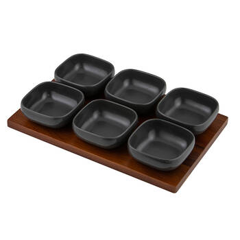7pc Ladelle Essentials Serve Bowl & Wooden Tray Set 34.5cm - Charcoal