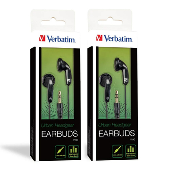 2PK Verbatim Earbud Stereo In Ear Headphones Set Black