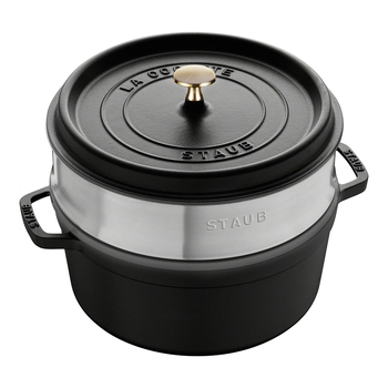 Staub 26cm/5.2L Enamel/Cast Iron Round Cocotte Pot w/ Steamer - Black