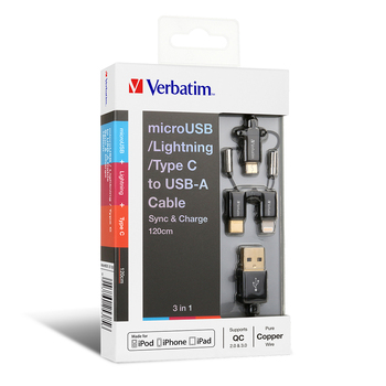 Verbatim Charge & Sync 3-in-1 MicroUSB/Lightning/USB-C Cable Black 120cm