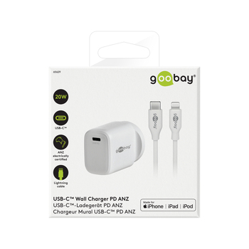 Goobay Wall Charger ANZ 20W USB-C PD w/ Type-C to 8-Pin Cable - White
