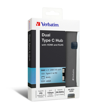 Verbatim Dual USB-C to HDMI/RJ45/USB 3.0 Hub - Grey