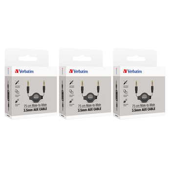 3x Verbatim 3.5mm Aux Audio Cable Retractable 75cm – Black