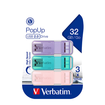 3pc Verbatim Pop-Up USB 2.0 32GB Triple Pack - Assorted Pastel Colours