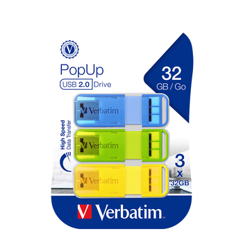 3pc Verbatim Pop-Up USB 2.0 32GB Triple Pack - Assorted Bright Colours