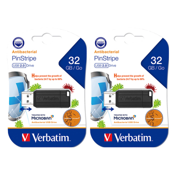 2x Verbatim Pinstripe USB 2.0 Drive 32GB Black Microban
