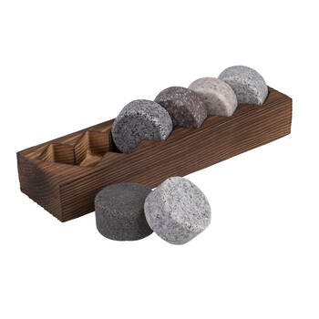 6pc Bartender Granite Whisky Disc Set w/ Wooden Base Tray