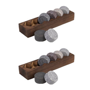 2x 6pc Bartender Granite Whisky Disc Set w/ Wooden Base Tray