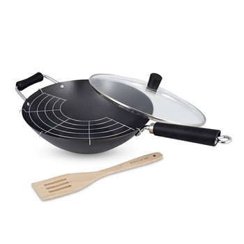 4pc Ken Hom Non-Stick Carbon Steel Wok Frypan w/ Lid/Rack/Turner Set