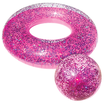 2pc Land & Sea Bling Inflatable Swim Ring & Ball Set Pink