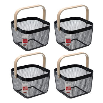 4PK Boxsweden Mesh Storage Basket 25x25x17cm w/Wooden Handle Assorted