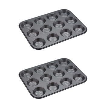 2x Mastercraft 32x24cm Crusty Bake Shallow 12-Cup Non-Stick Baking Pan - Black