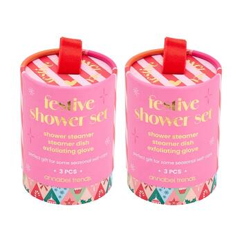 2x 3pc Annabel Trends Shower Bath Gift Set W/ Steamer/Gloves & Dish Festive