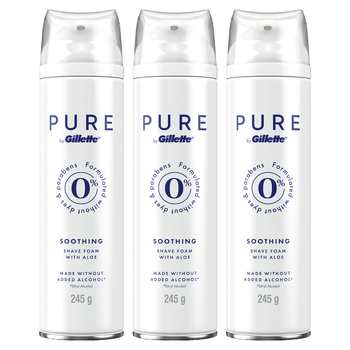 3PK Gillette Pure Soothing Shave/Shaving Foam With Aloe 245g