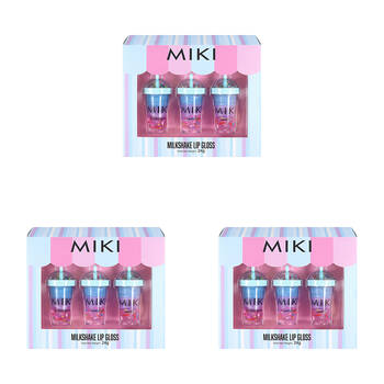 3x 3pc Miki Milkshake Lip Gloss With Sparkle - Delicious Flavored - Pink - 3y+