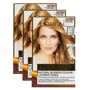 3PK Loreal Hair Colour Age Perfect 7.32 Dark Gold Rose Blonde