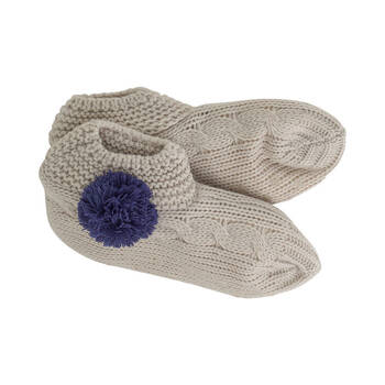 Annabel Trends Bedroom Slouchy Slip-On Slippers One Size Grey w/ Navy Pom