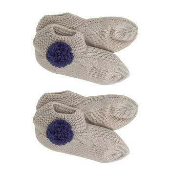 2PK Annabel Trends Bedroom Slouchy Slip-On Slippers One Size Grey w/ Navy Pom