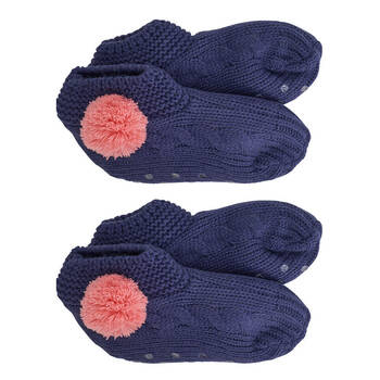2PK Annabel Trends Bedroom Slouchy Slip-On Slippers One Size Navy w/ Pink Pom