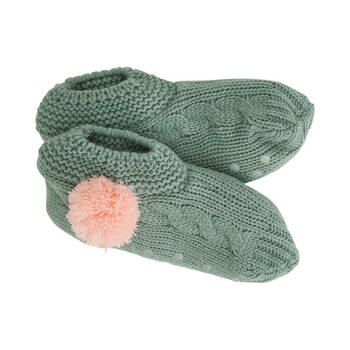 Annabel Trends Bedroom Slouchy Slip-On Slippers One Size Sage w/ Pink Pom