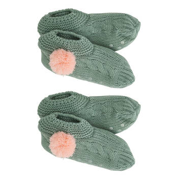 2PK Annabel Trends Bedroom Slouchy Slip-On Slippers One Size Sage w/ Pink Pom