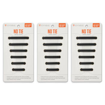 3PK SofSole Silicone No Tie Shoe Laces For 6 Eyelets - Black