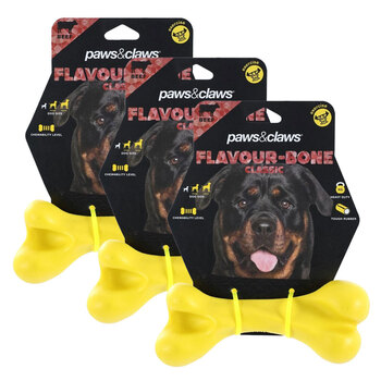 3PK Paws & Claws Flavour-Bone Classic Bone Beef Flavoured Rubber Toy 18X7cm Yellow