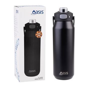 Oasis Ceramic Stainless Steel Insulated Capri Drink Bottle w/ Lid 1L Black