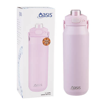 Oasis Ceramic Stainless Steel Capri Drink Bottle w/ Lid 1L Pink Lemonade