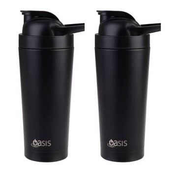 2PK Oasis Stainless Steel Insulated Protein Shaker Double Walled 700ml Black