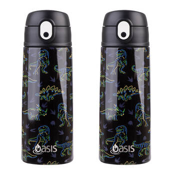2PK Oasis Stainless Steel Insulated Kids Drink Bottle w/Straw 550ml Neon Dinosaurs