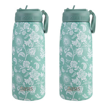 2PK Oasis Stainless Steel Insulated Sports Bottle w/ Sipper 780ml Green Paisley