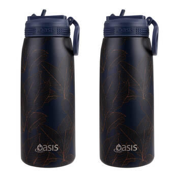 2PK Oasis Stainless Steel Insulated Sports Bottle w/ Sipper 780ml Navy Leaves